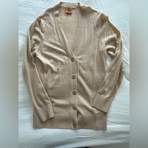 Tory Burch tan cardigan with gold buttons